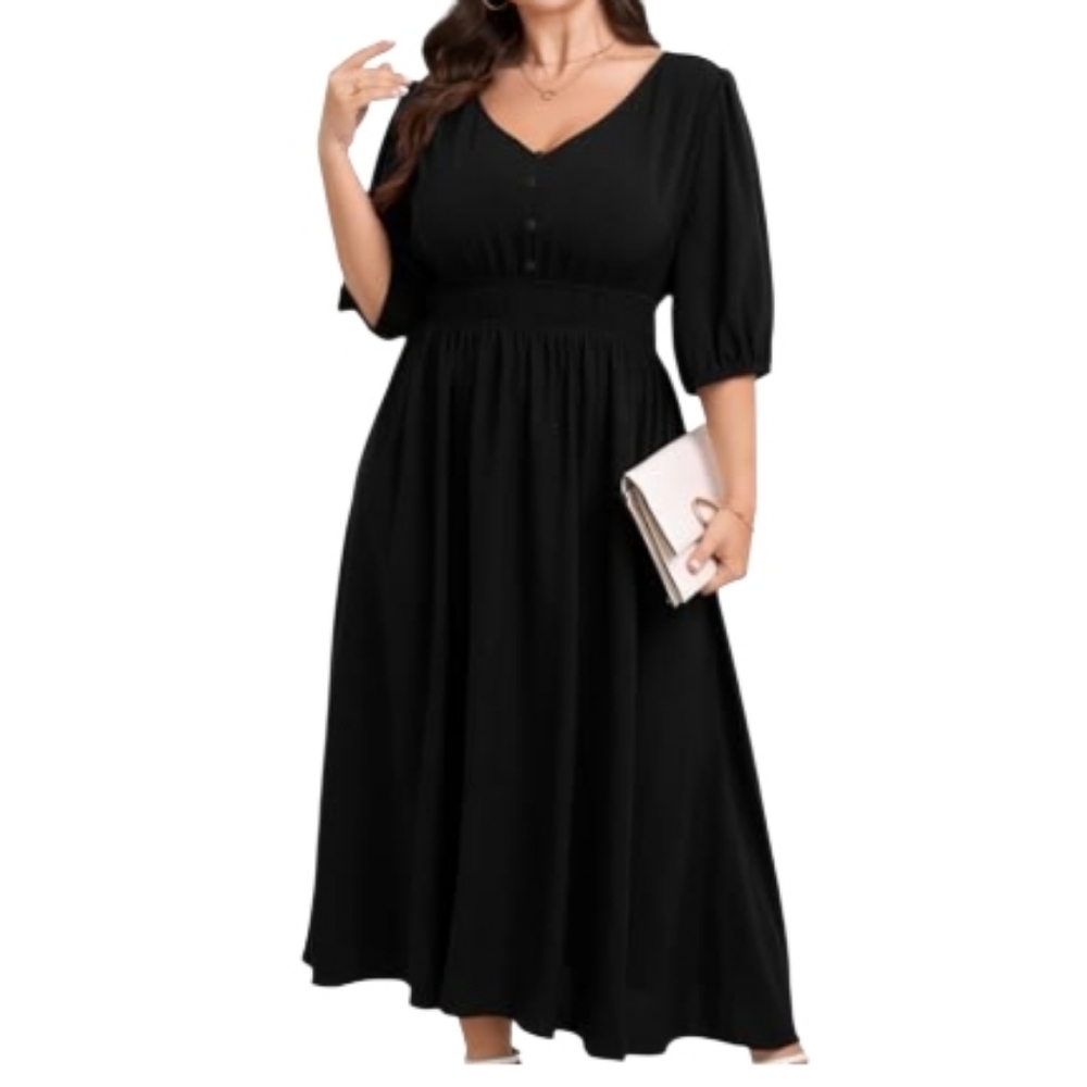 Scomchic. Black. Elegant Smocked Waist Maxi Dress. Size 4X. NWOT.